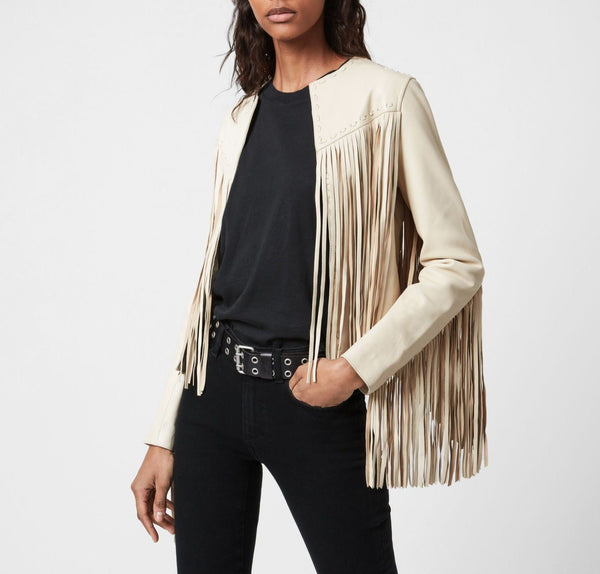 NOORA Womens Lambskin Off White Leather Fringe Style Jacket, Slim Fit Party Wear Tassel Designer Jacket YK0254 - Noora International
