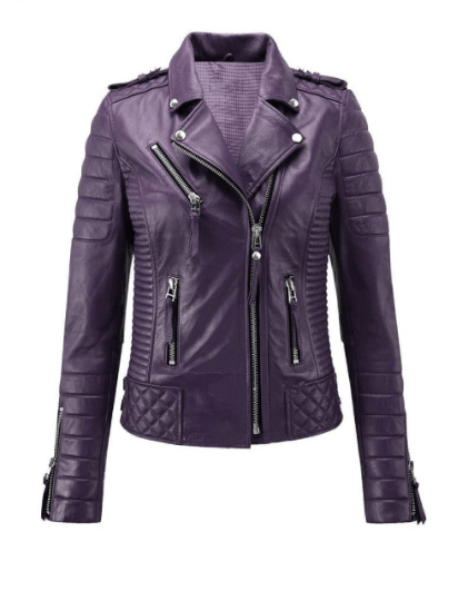 NOORA Womens Lambskin Purple Leather Biker Quilted Jacket With Zipper & Pocket | Snap On Collar | Belted Jacket | RT445 - Noora International