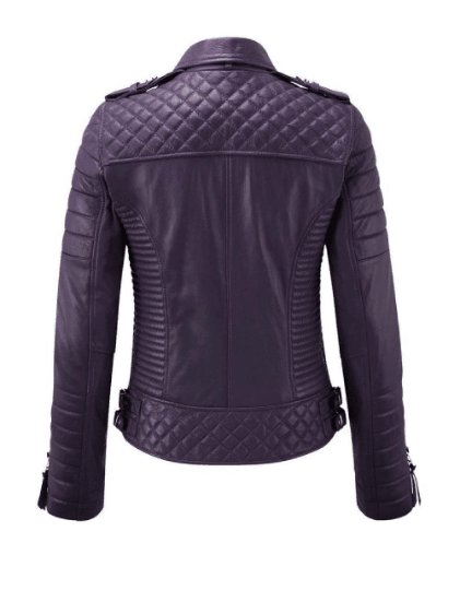 NOORA Womens Lambskin Purple Leather Biker Quilted Jacket With Zipper & Pocket | Snap On Collar | Belted Jacket | RT445 - Noora International