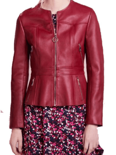 NOORA Womens Lambskin Red Leather Jacket Motorcycle Jacket, Blood Red Collarless Jacket, VALINTINE Jacket YK053 - Noora International