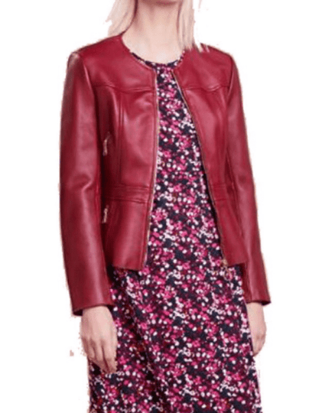 NOORA Womens Lambskin Red Leather Jacket Motorcycle Jacket, Blood Red Collarless Jacket, VALINTINE Jacket YK053 - Noora International