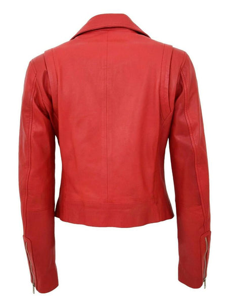 NOORA Womens Lambskin Red Leather Jacket, Motorcycle Jacket, Slim Fit Winter Jacket,YK0246 - Noora International