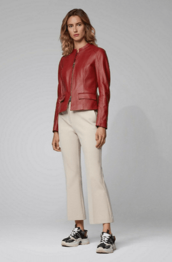 Noora Womens Lambskin Red Leather Motorcycle Jacket With Zipper & Pocket, Belted Jacket - Noora International