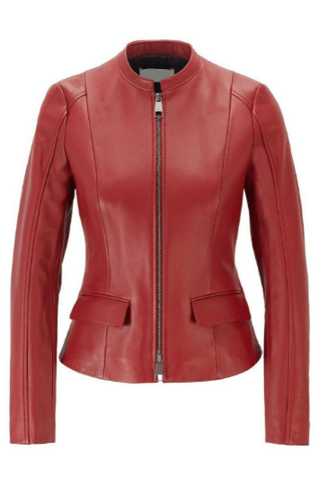 Noora Womens Lambskin Red Leather Motorcycle Jacket With Zipper & Pocket, Belted Jacket - Noora International