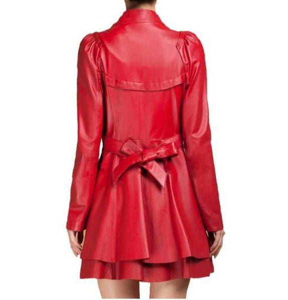 NOORA Women's Lambskin Red Leather Trench Coat, Designer Back Knot Flare Coat With Puff Sleeves YK0252 - Noora International