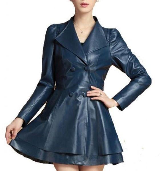 NOORA Women's Lambskin Red Leather Trench Coat, Designer Back Knot Flare Coat With Puff Sleeves YK0252 - Noora International