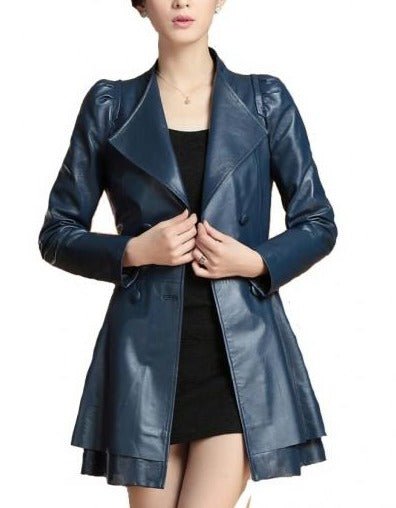 NOORA Women's Lambskin Red Leather Trench Coat, Designer Back Knot Flare Coat With Puff Sleeves YK0252 - Noora International