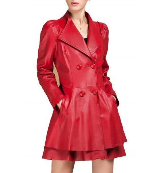 NOORA Women's Lambskin Red Leather Trench Coat, Designer Back Knot Flare Coat With Puff Sleeves YK0252 - Noora International