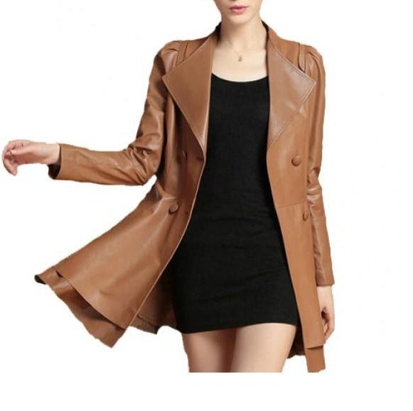 NOORA Women's Lambskin Red Leather Trench Coat, Designer Back Knot Flare Coat With Puff Sleeves YK0252 - Noora International