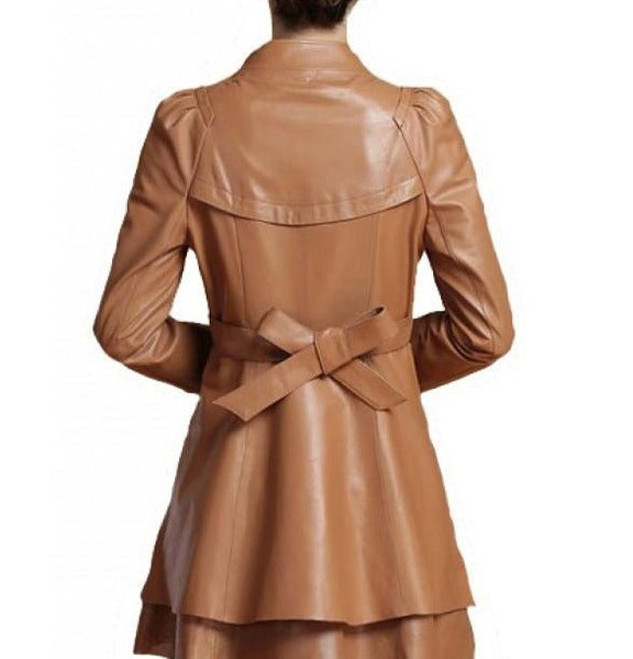 NOORA Women's Lambskin Red Leather Trench Coat, Designer Back Knot Flare Coat With Puff Sleeves YK0252 - Noora International