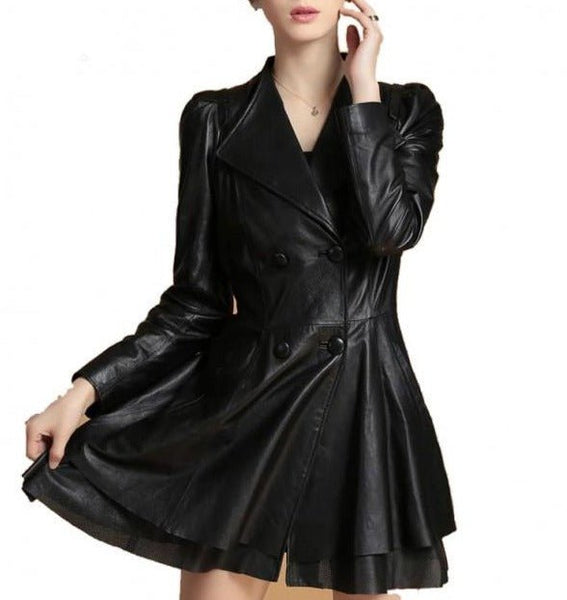 NOORA Women's Lambskin Red Leather Trench Coat, Designer Back Knot Flare Coat With Puff Sleeves YK0252 - Noora International
