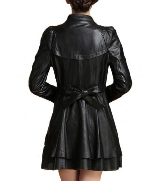 NOORA Women's Lambskin Red Leather Trench Coat, Designer Back Knot Flare Coat With Puff Sleeves YK0252 - Noora International