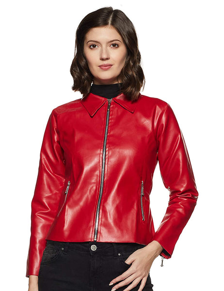 NOORA Womens Lambskin Shinny Red Leather Jacket, Motorcycle Biker With Zipper & Zip Pocket Jacket JS16 - Noora International