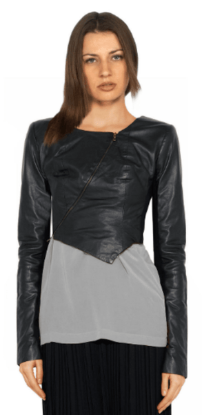 Noora Womens Lambskin Shiny Black Leather Jacket | CROPPED Motor Biker Jacket |Beautiful Look With CROSS Zipper YK081 - Noora International