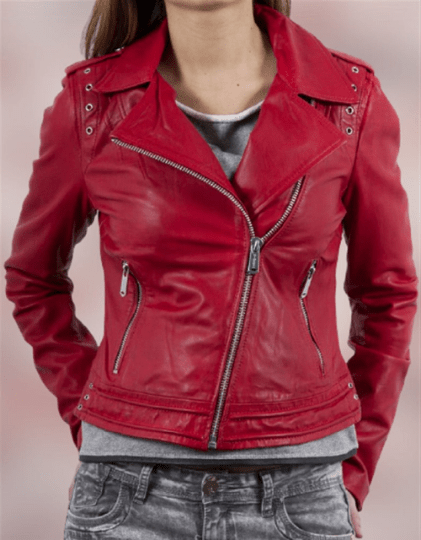 NOORA Womens Lambskin Stylish Red Leather Jacket With Zipper & Pocket | Red Jacket With Eyelet | Slim Fit Jacket | ST038 - Noora International