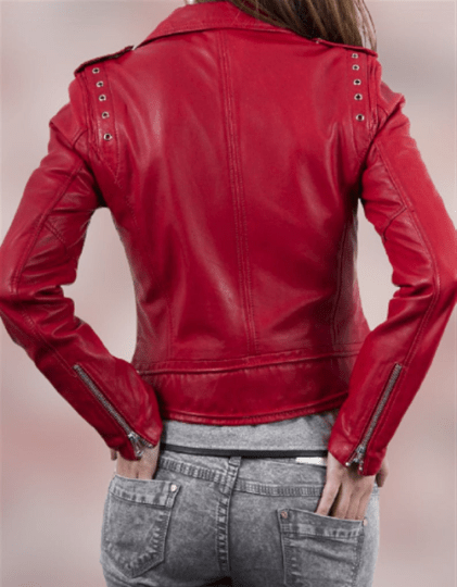 NOORA Womens Lambskin Stylish Red Leather Jacket With Zipper & Pocket | Red Jacket With Eyelet | Slim Fit Jacket | ST038 - Noora International