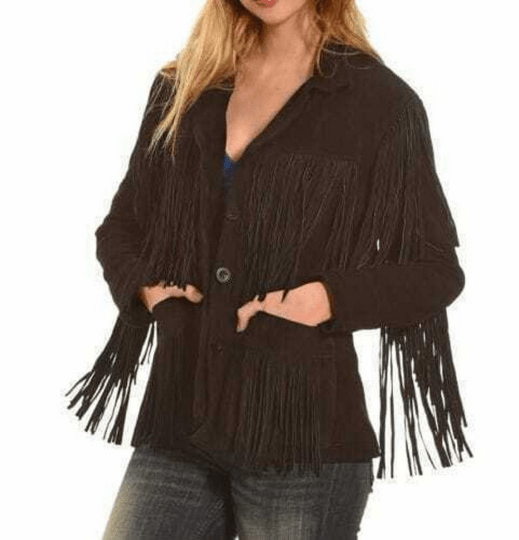 NOORA Womens Lambskin Suede Fringe jacket With Button & Pocket | Gift For Her | Vintage Dark Brown Jacket | ST039 - Noora International