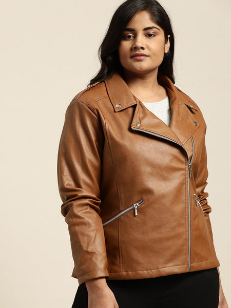 NOORA Womens Lambskin Tan Leather Biker Jacket With Zipper & Pocket | Plus Size Jacket | Shoulder Strap & Snap | ST0155 - Noora International