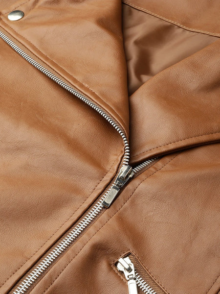 NOORA Womens Lambskin Tan Leather Biker Jacket With Zipper & Pocket | Plus Size Jacket | Shoulder Strap & Snap | ST0155 - Noora International