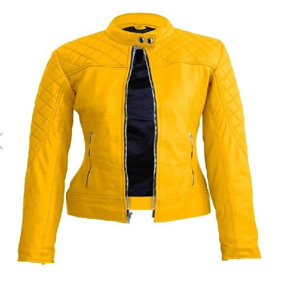 Noora Women's Lambskin Yellow Leather Jacket, Quilted Designer Motor Biker Leather Jacket, Gift for Her - Noora International