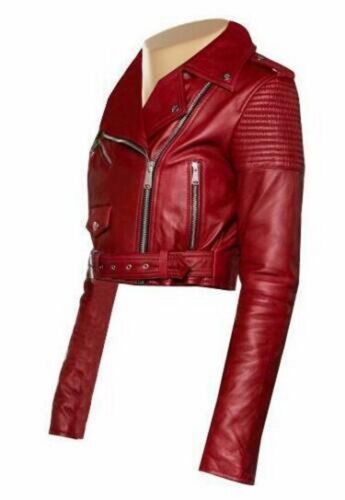 Noora Womens Leather Cropped Biker Style Jacket, Red Belted Jacket, Party Wear Jacket, Celebrity Jacket SK16 - Noora International