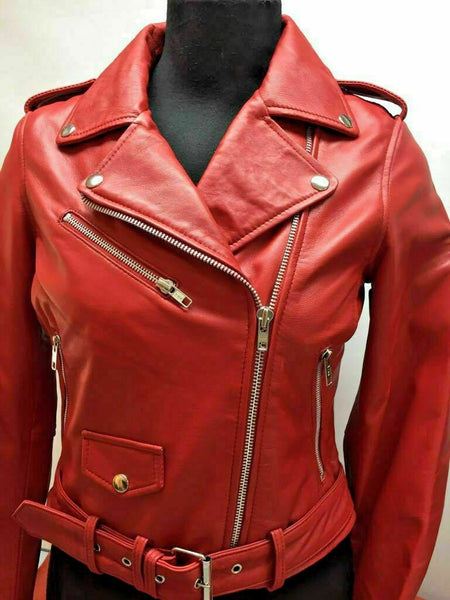 Noora Womens Leather Jacket Motorcycle Biker New Real Lambskin Jacket Red Coat - Noora International