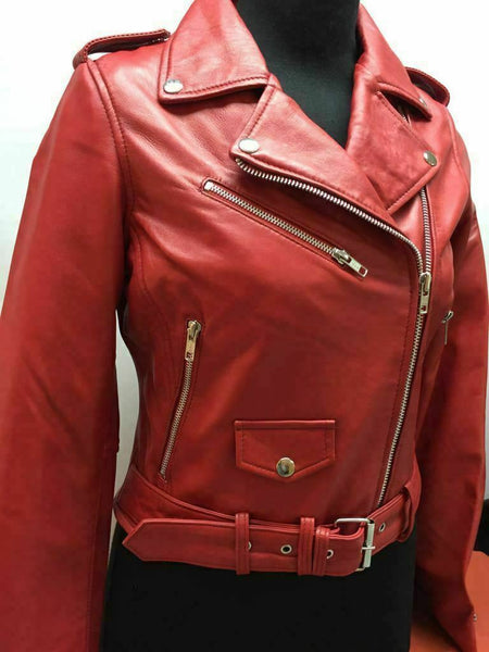 Noora Womens Leather Jacket Motorcycle Biker New Real Lambskin Jacket Red Coat - Noora International