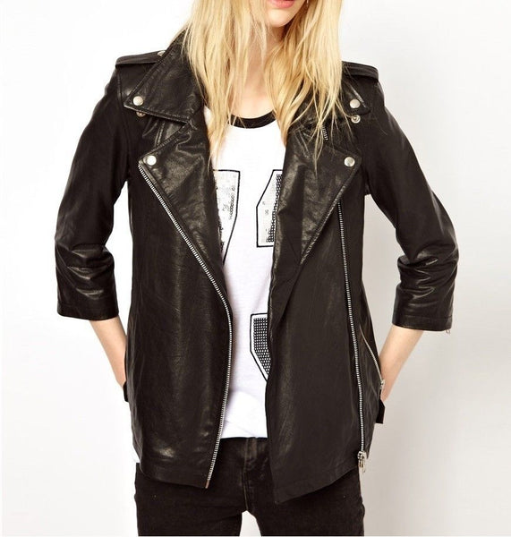 Noora Women's leather jacket with 3/4th sleeves , Biker Style Leather Jacket ST0321 - Noora International