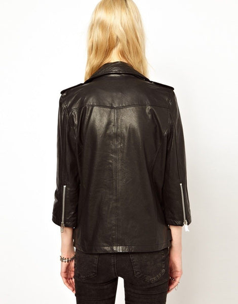 Noora Women's leather jacket with 3/4th sleeves , Biker Style Leather Jacket ST0321 - Noora International