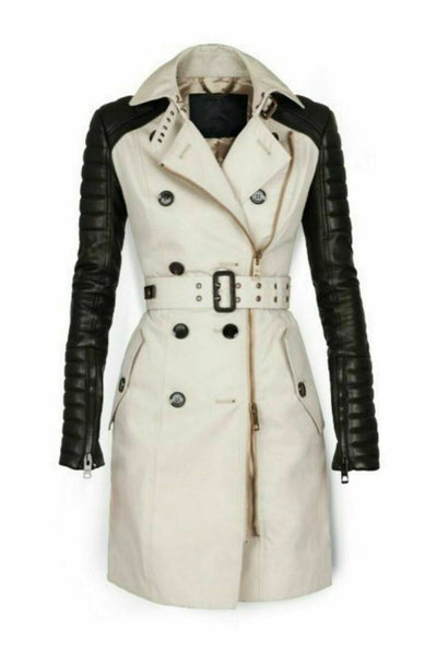 NOORA Women's Leather Trench Coat Genuine Lambskin Leather Long Jacket Overcoat - Noora International