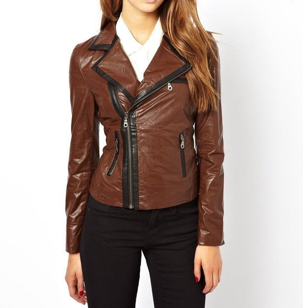 Noora Women's Light Brown Leather Jacket with Black Border ST0282 - Noora International