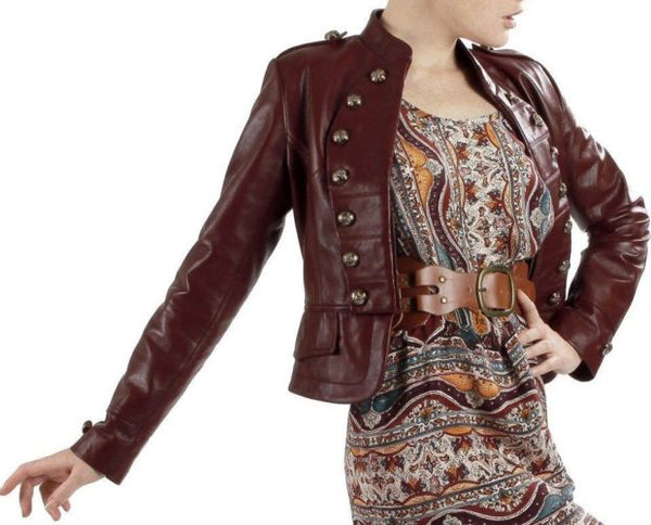 Noora women's marron leather jacket with embellishment ST0257 - Noora International