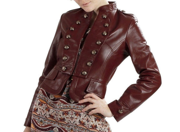 Noora women's marron leather jacket with embellishment ST0257 - Noora International