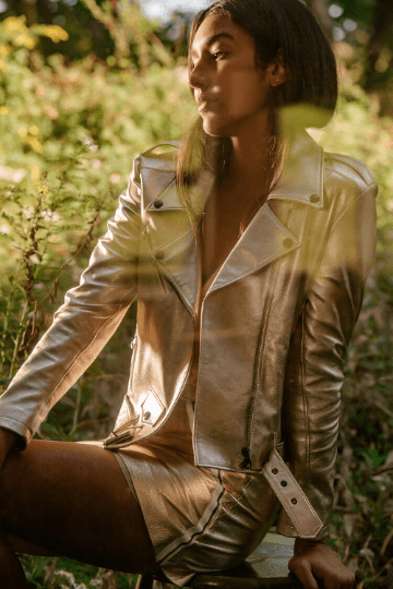 Noora Womens METALLIC GOLD Leather Jacket, PARTY Wear Jacket, Trendy Sparkle Jacket With Belted YK27 - Noora International