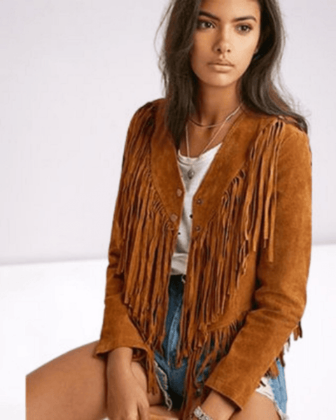 NOORA Women's New Golden Tan Suede Tassel Fringe Jacket With Button | Slim Fit Jacket | Fringe Biker Jacket | ST083 - Noora International