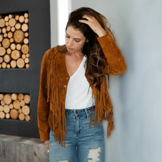NOORA Women's New Golden Tan Suede Tassel Fringe Jacket With Button | Slim Fit Jacket | Fringe Biker Jacket | ST083 - Noora International