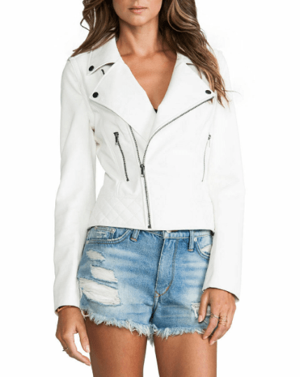 NOORA Women's NEW Lambskin Leather White Cropped, Casual Wear, Motor Biker Slim Fit Jacket With Long Seleevs, Metal Snaps & zipper UN027 - Noora International