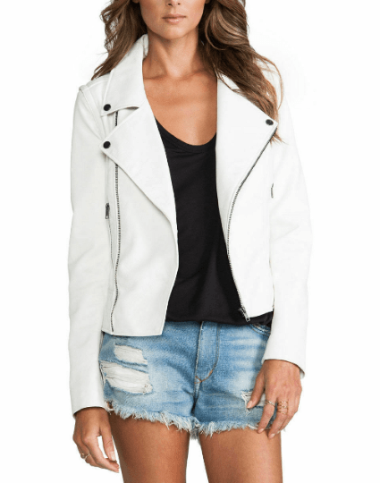 NOORA Women's NEW Lambskin Leather White Cropped, Casual Wear, Motor Biker Slim Fit Jacket With Long Seleevs, Metal Snaps & zipper UN027 - Noora International
