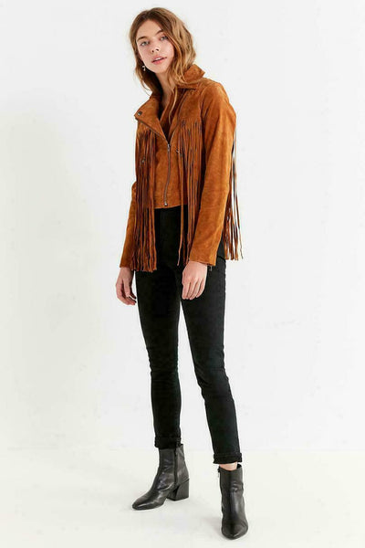 NOORA Womens New Suede Moto Fringe Jacket Brown Leather Jacket With Zipper Sleeve - Noora International