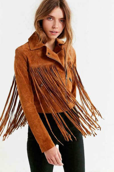 NOORA Womens New Suede Moto Fringe Jacket Brown Leather Jacket With Zipper Sleeve - Noora International