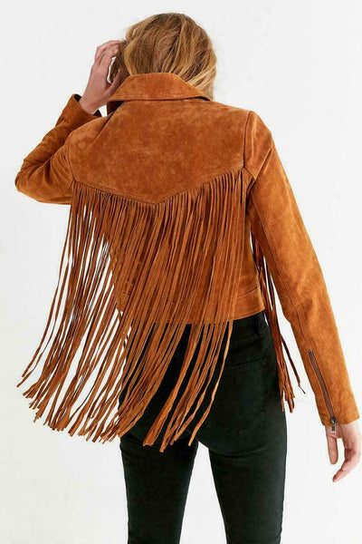 NOORA Womens New Suede Moto Fringe Jacket Brown Leather Jacket With Zipper Sleeve - Noora International