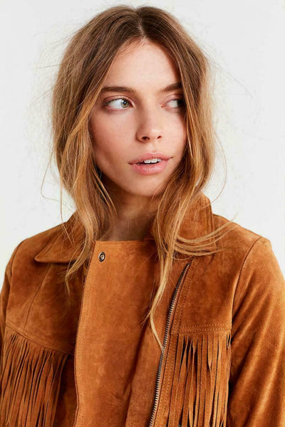 NOORA Womens New Suede Moto Fringe Jacket Brown Leather Jacket With Zipper Sleeve - Noora International