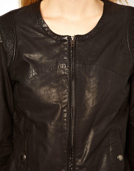 Noora Women's No-Zipper Black Motorcycle Leather jacket ST0298 - Noora International