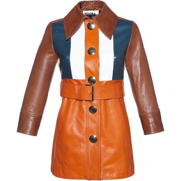 Womens Orange Leather Color Block Mini Trench Coat With Belt & Button, Polyvore Style Trench Coat
