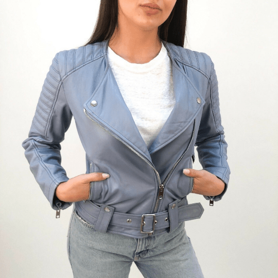NOORA Womens Powder Blue Leather Quilted Biker Jacket With Zipper & Pocket | Belted | Snap On Collar | Zip On Sleeves | - Noora International