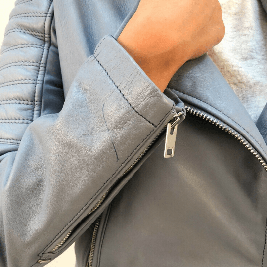 NOORA Womens Powder Blue Leather Quilted Biker Jacket With Zipper & Pocket | Belted | Snap On Collar | Zip On Sleeves | - Noora International