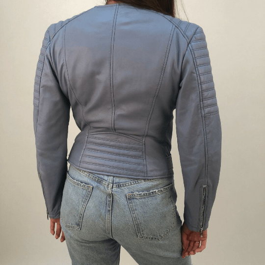 NOORA Womens Powder Blue Leather Quilted Biker Jacket With Zipper & Pocket | Belted | Snap On Collar | Zip On Sleeves | - Noora International