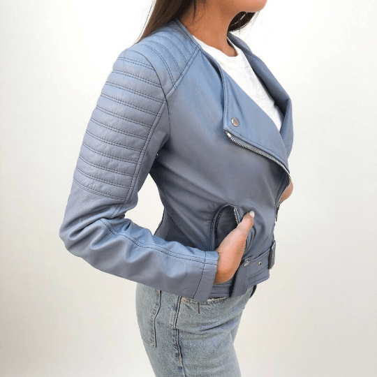 NOORA Womens Powder Blue Leather Quilted Biker Jacket With Zipper & Pocket | Belted | Snap On Collar | Zip On Sleeves | - Noora International