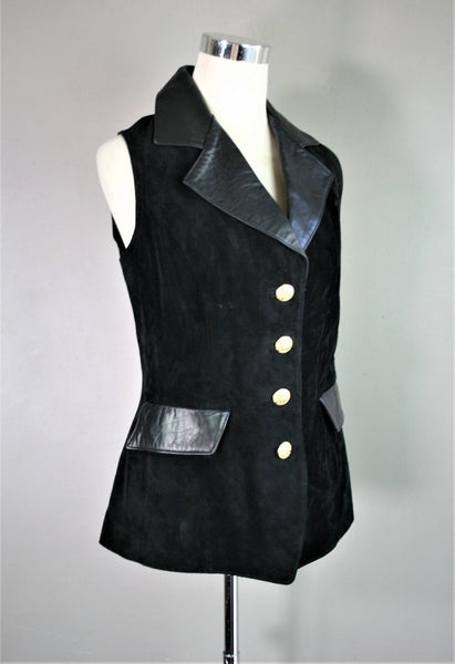 Noora Women's Real Combination of Lambskin Black Leather & Suede VEST COAT with Button Closure Sb234 - Noora International