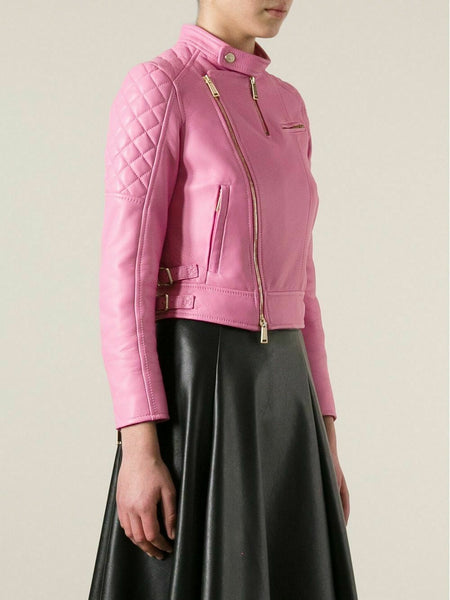 Noora Womens Real Lambskin Baby Pink Cropped Leather Jacket, Modern Biker Quilted Leather Jacket, Gift for Her - Noora International